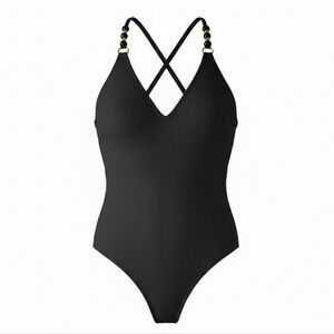 Shade & Shore Black Ribbed One Piece Swimsuit Size Medium